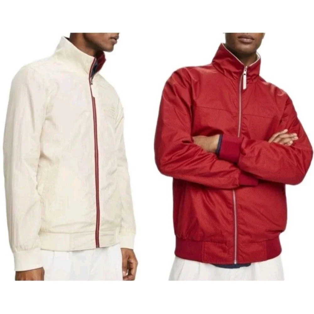Scotch & Soda Men's Reversible High Neck Full Zip Jacket Overcoat Red Cream $200